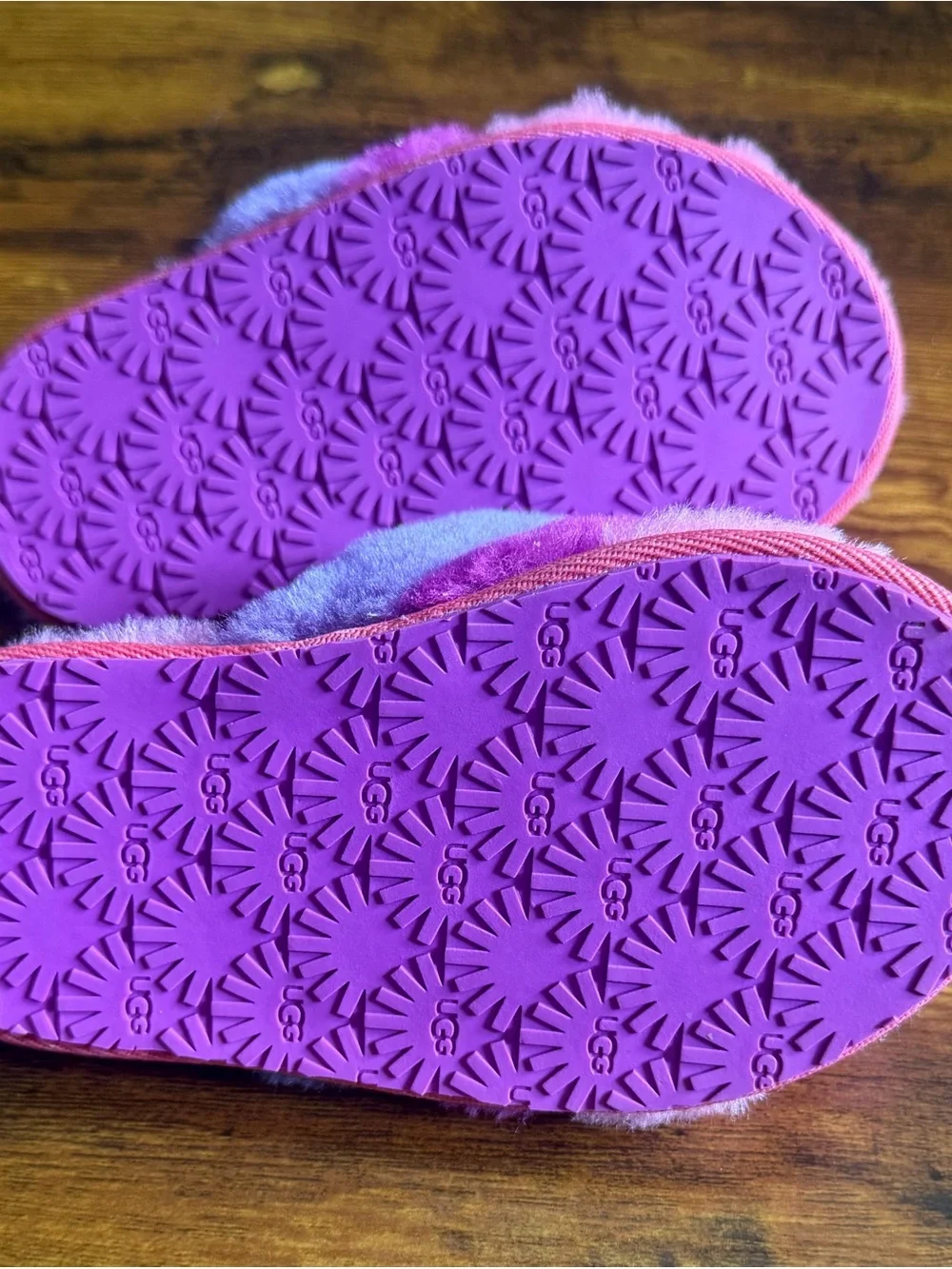 UGG Pink and Purple Fuzzy Slide Slippers Sz 8 Toddler